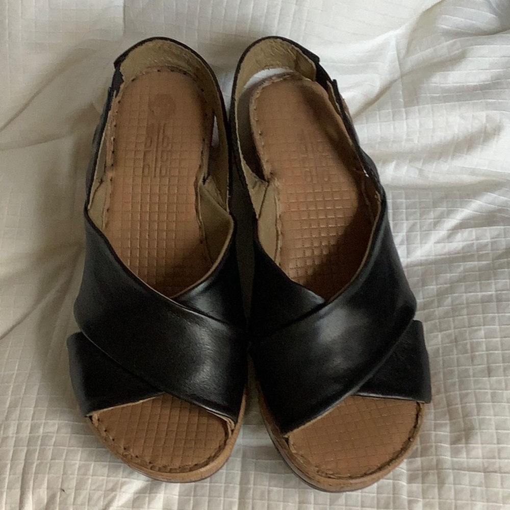 Black leather sandals size 7.  Very comfortable and can be worn with anything.